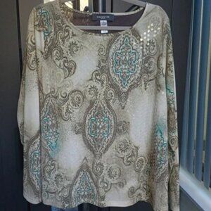 Jones NY 2x Plus Sequined Paisley Multicolor Blouse Brown 1x/2x 20/22
